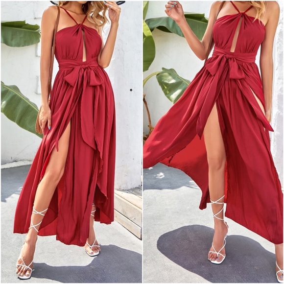 Boho Halter Ruffle Front Slit Dress Belted Yellow - Picture 4 of 16